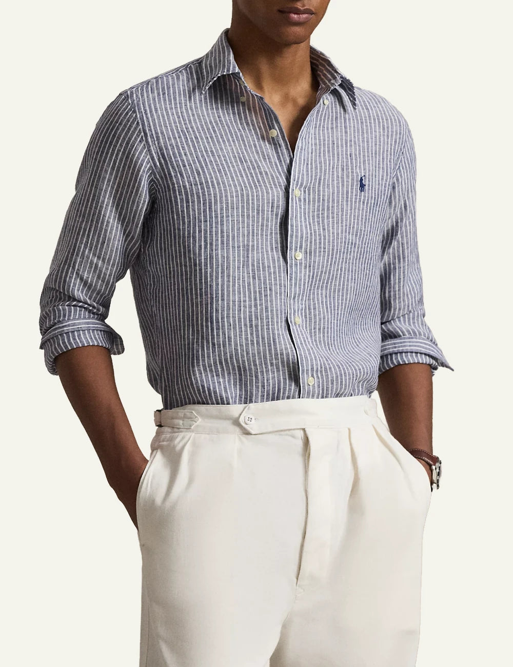 polo ralph lauren blue white striped linen shirt button down custom fit front model view