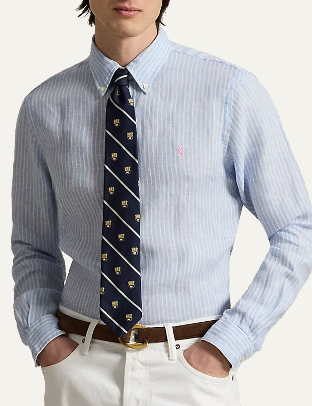 polo ralph lauren light blue striped linen shirt button down custom fit front model view