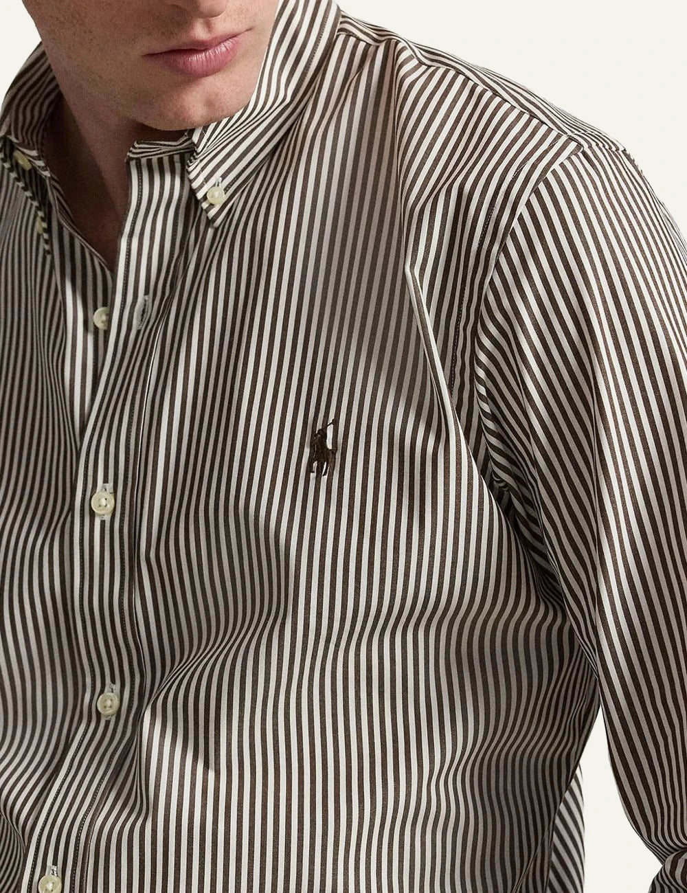 Polo Ralph Lauren brown striped button down shirt front detail view