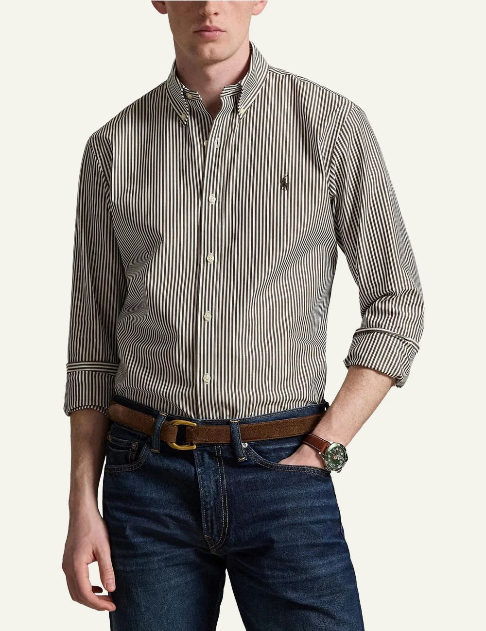 Polo Ralph Lauren brown striped button down shirt front full body view