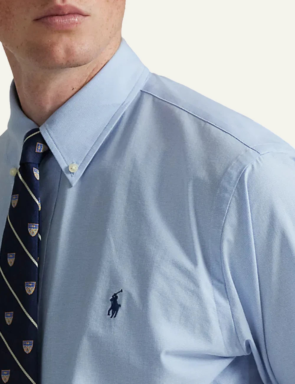 Polo Ralph Lauren button-down shirt in light blue with embroidered logo, detail view