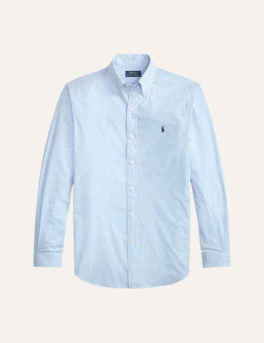 Polo Ralph Lauren button-down shirt in light blue with embroidered logo, front flat view