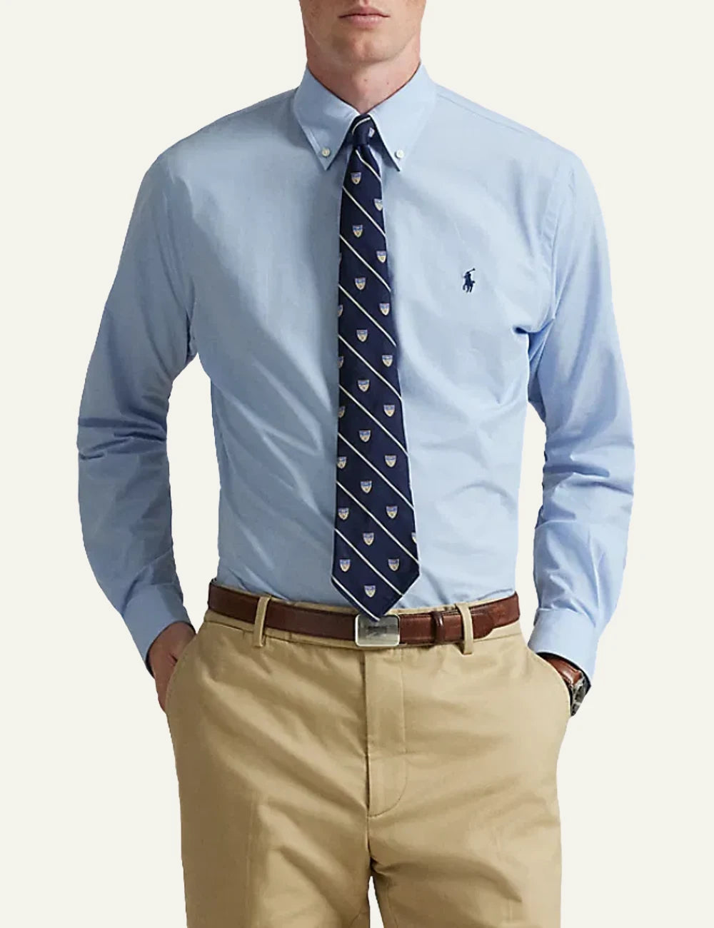 Polo Ralph Lauren button-down shirt in light blue with embroidered logo, front model view