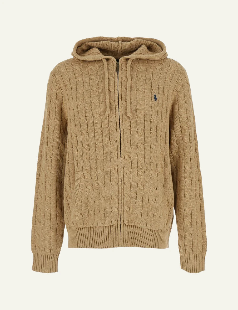 Polo Ralph Lauren beige cable knit hoodie zip cardigan front view