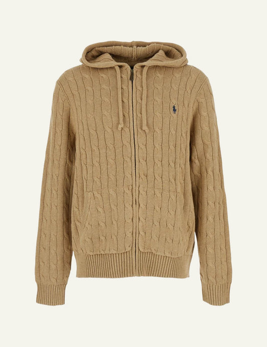Polo Ralph Lauren beige cable knit hoodie zip cardigan front view