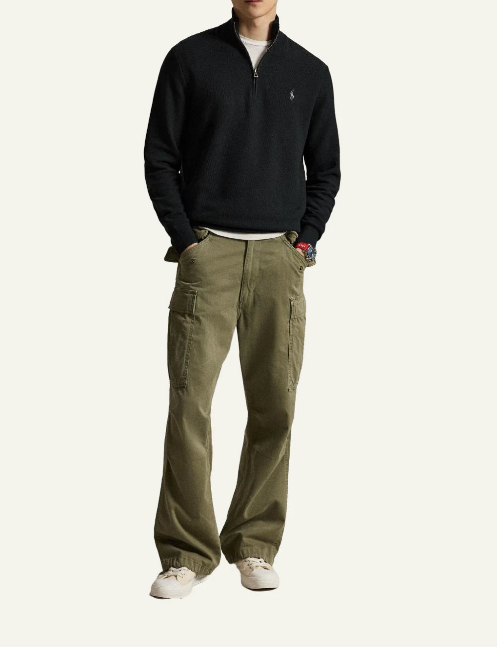 Polo Ralph Lauren black quarter zip cotton knit sweater front full body view