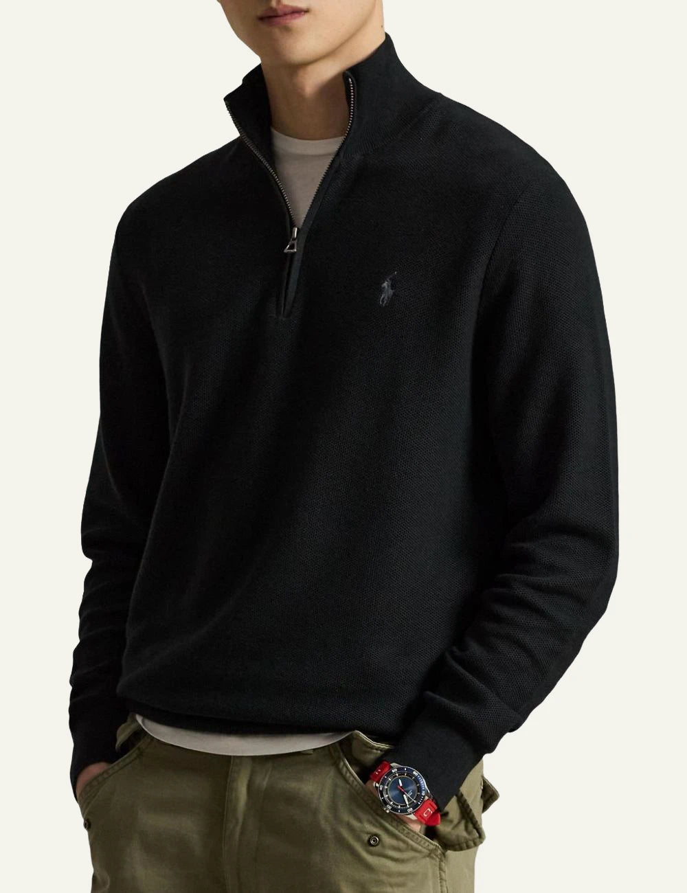 Polo Ralph Lauren black quarter zip cotton knit sweater front model view