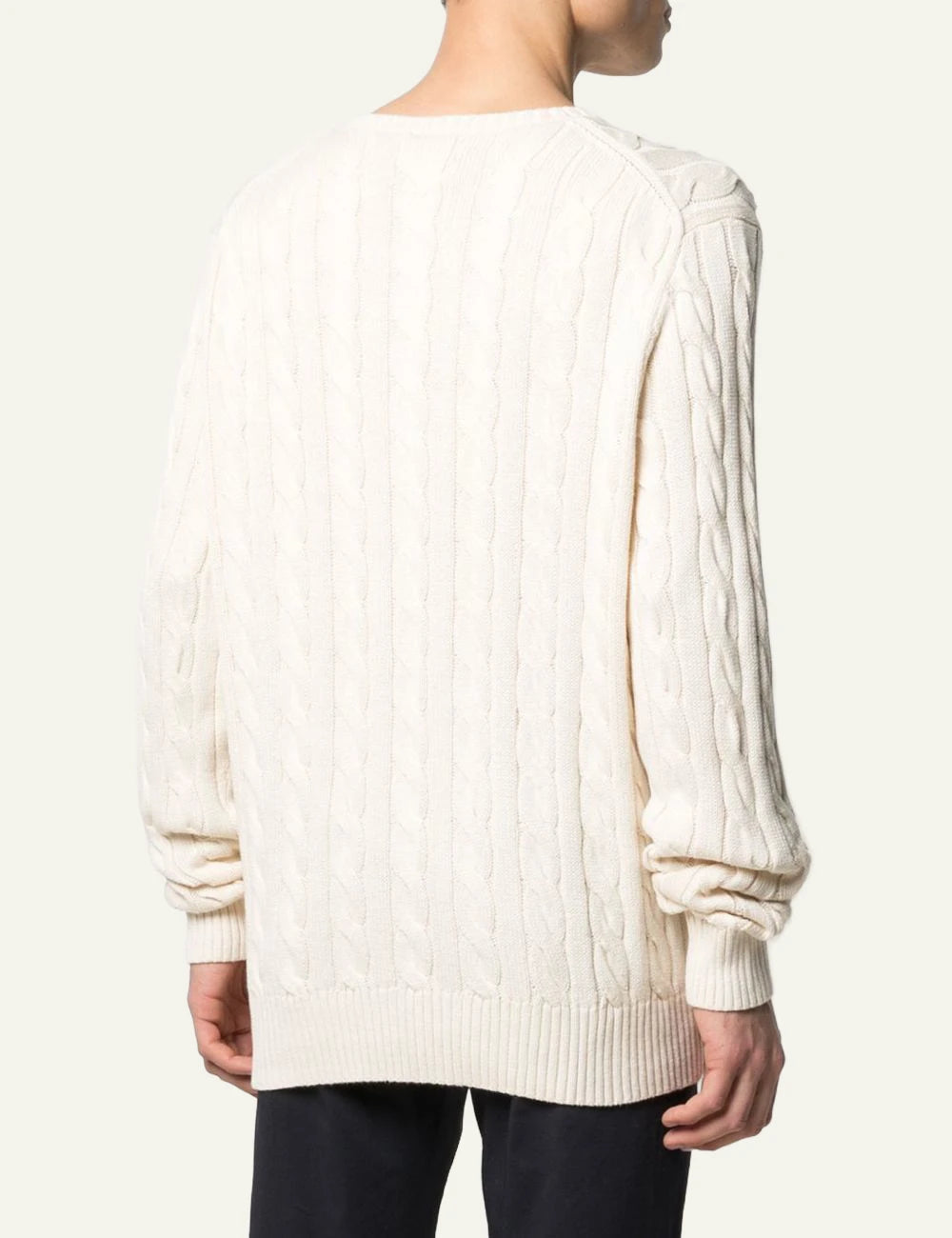 Polo Ralph Lauren cream cable knit sweater with small navy Big Pony back model view