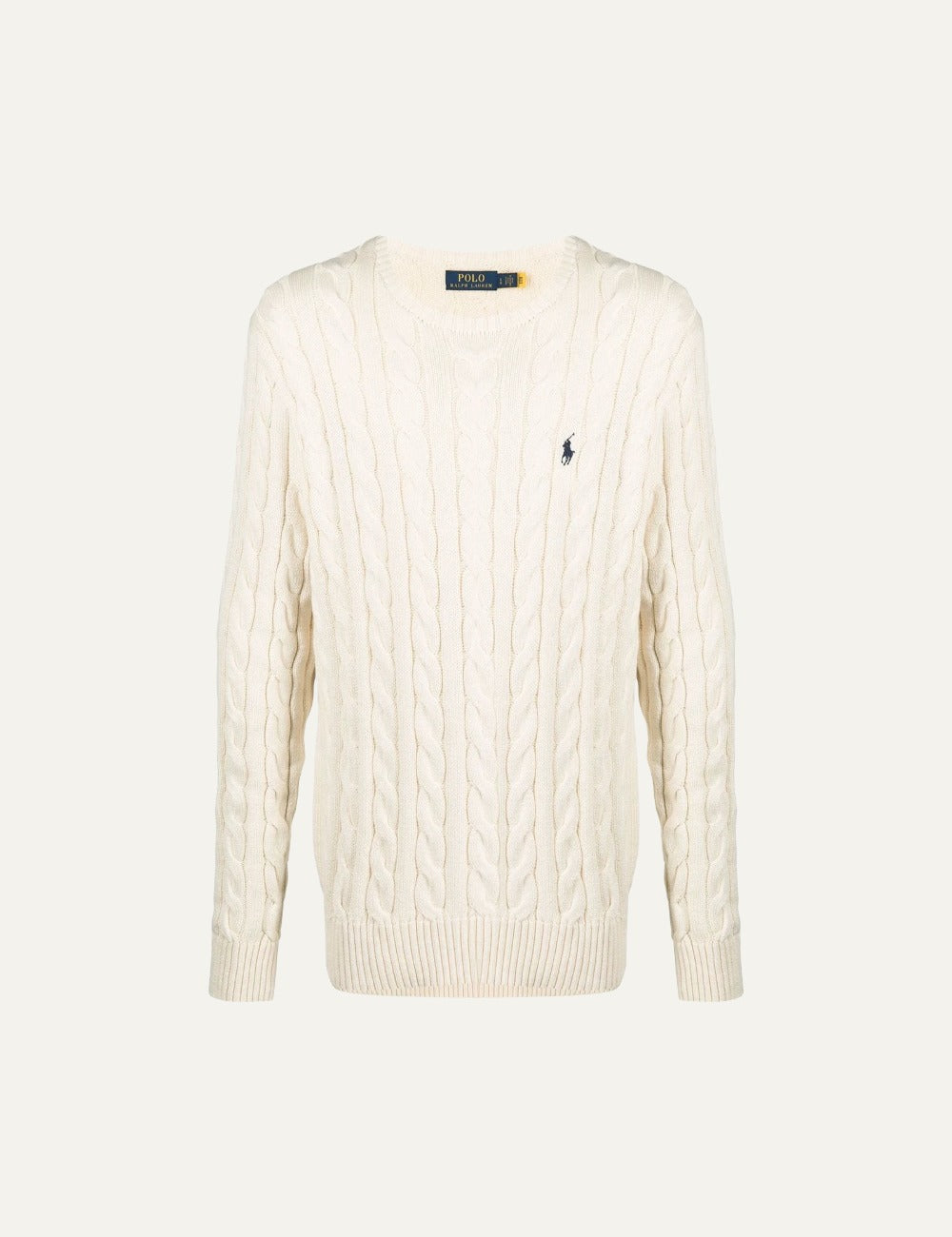 Polo Ralph Lauren cream cable knit sweater with small navy Big Pony front flat view