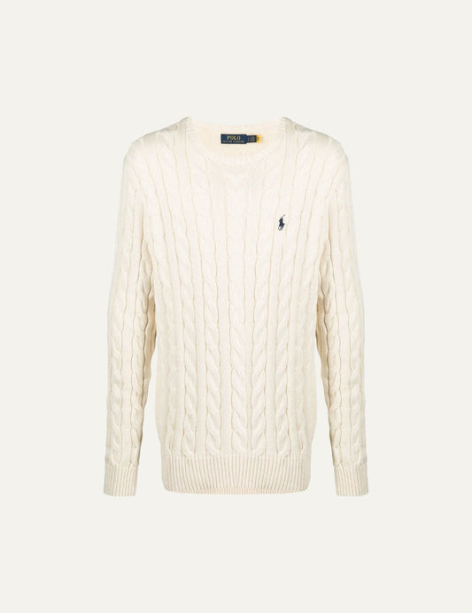 Polo Ralph Lauren cream cable knit sweater with small navy Big Pony front flat view