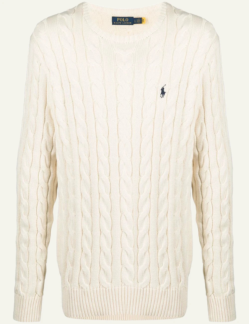 Polo Ralph Lauren cream cable knit sweater with small navy Big Pony front flat view
