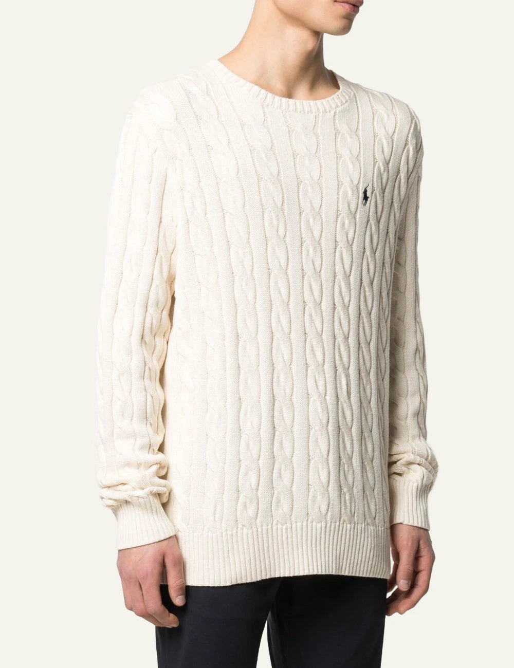 Polo Ralph Lauren cream cable knit sweater with small navy Big Pony front model view