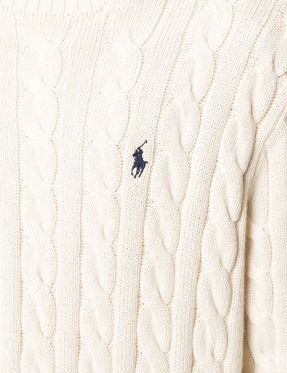 Polo Ralph Lauren cream cable knit sweater with small navy Big Pony logo view