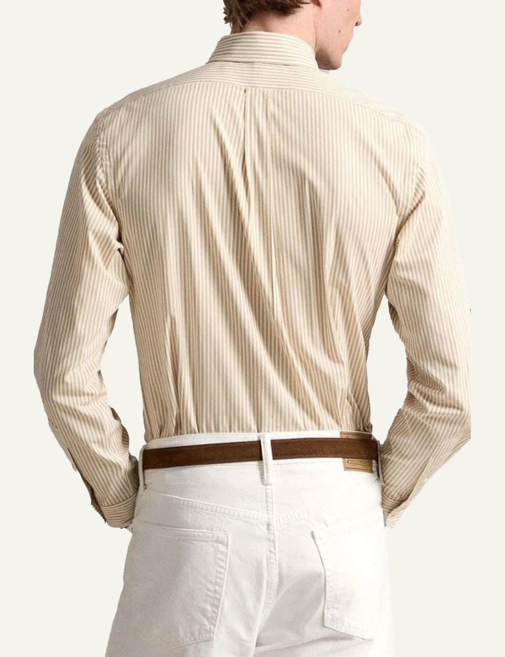 Polo Ralph Lauren beige striped custom fit button down shirt worn by model back