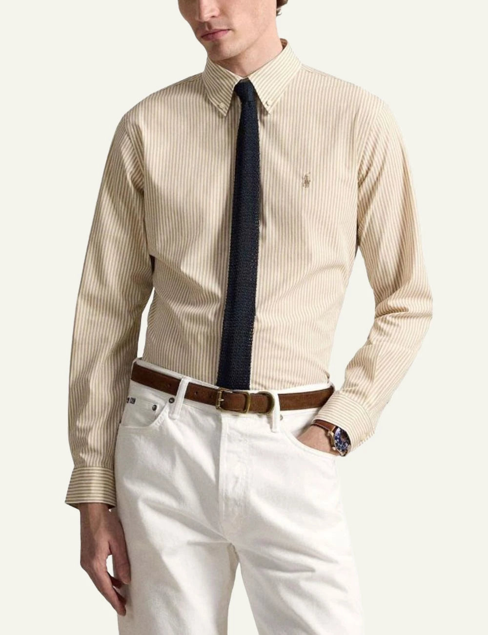 Polo Ralph Lauren beige striped custom fit button down shirt worn by model
