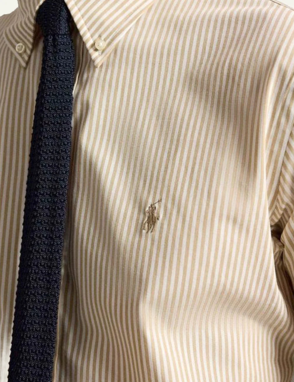 Polo Ralph Lauren beige striped custom fit button down shirt worn by model detail
