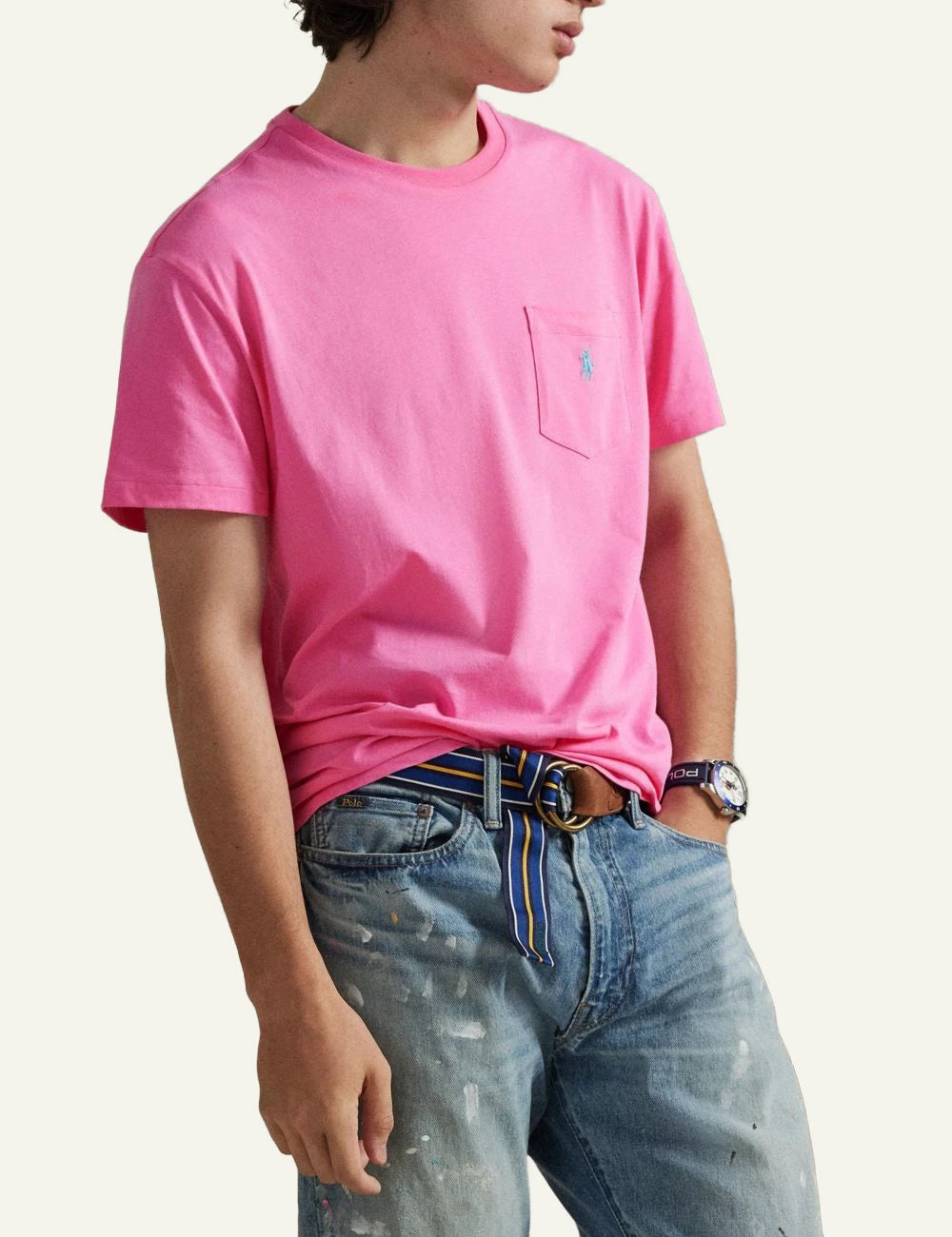 Polo Ralph Lauren custom slim fit t-shirt roz me tsepaki kai pony logo side flat view