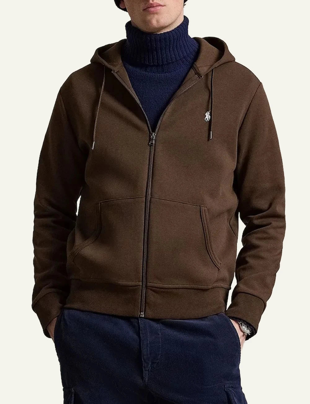 Polo Ralph Lauren brown double knit zip hoodie me white pony logo model