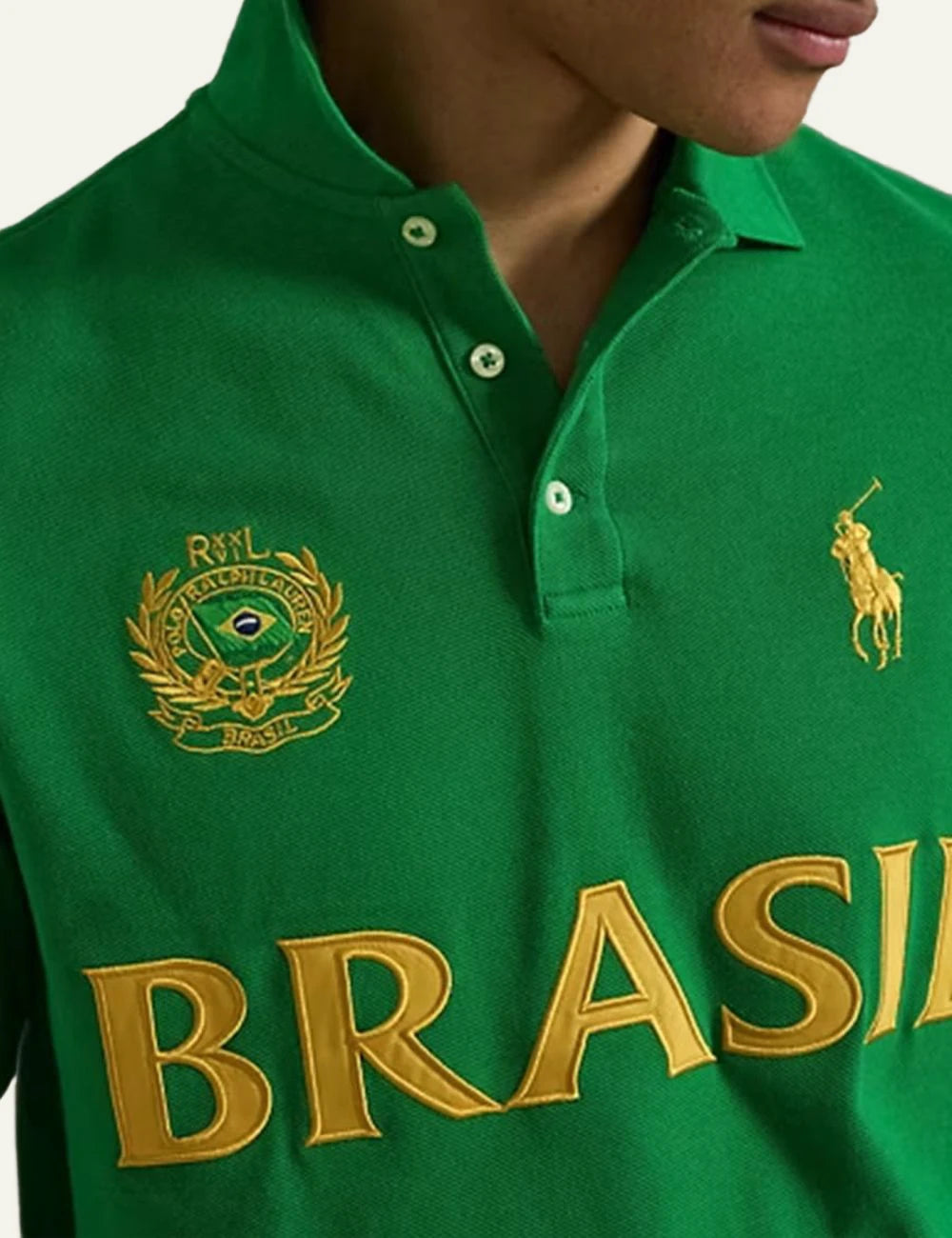 Polo Ralph Lauren green Brasil polo shirt with embroidered crest front detail view