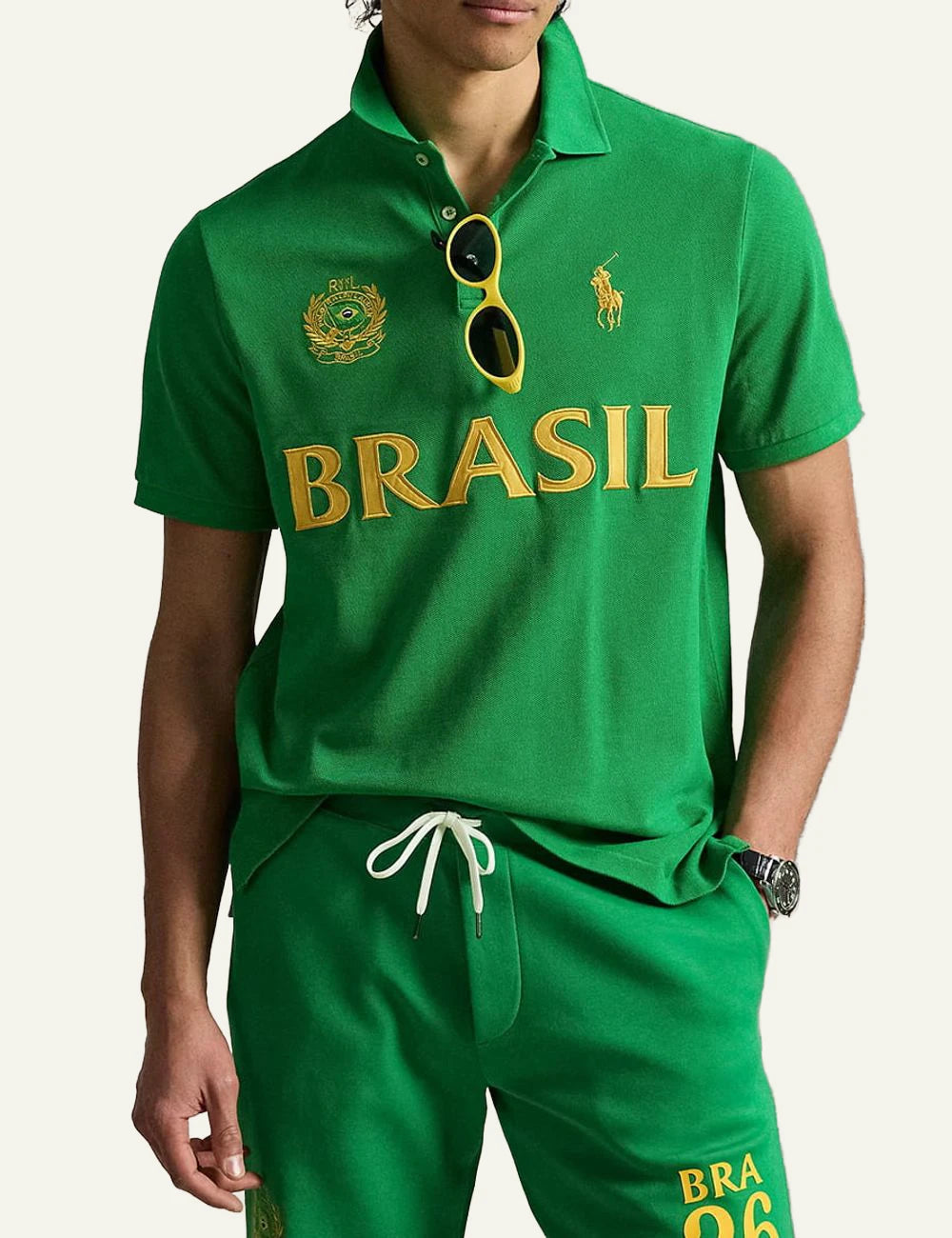 Polo Ralph Lauren green Brasil polo shirt with embroidered crest front full body view