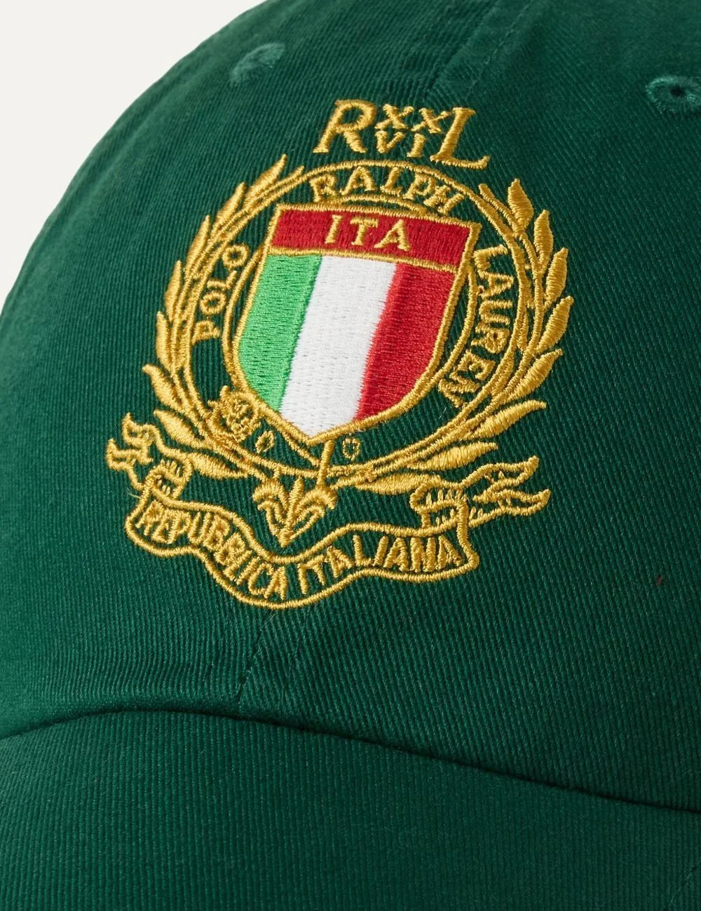 Polo Ralph Lauren green cap with Italian crest embroidery detail front