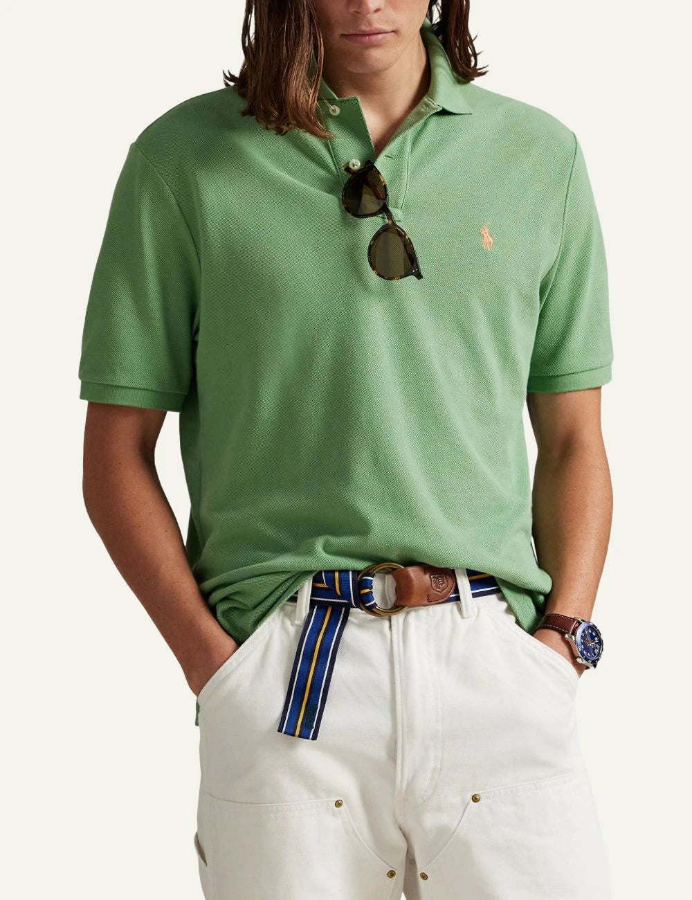 Polo Ralph Lauren green polo shirt with small embroidered Big Pony front model view