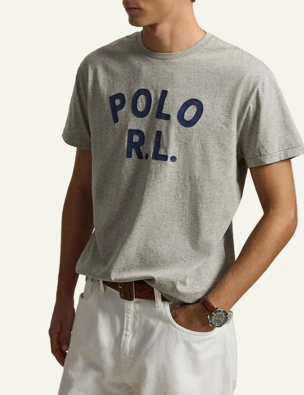 Polo Ralph Lauren grey melange t-shirt with POLO R.L. logo model view