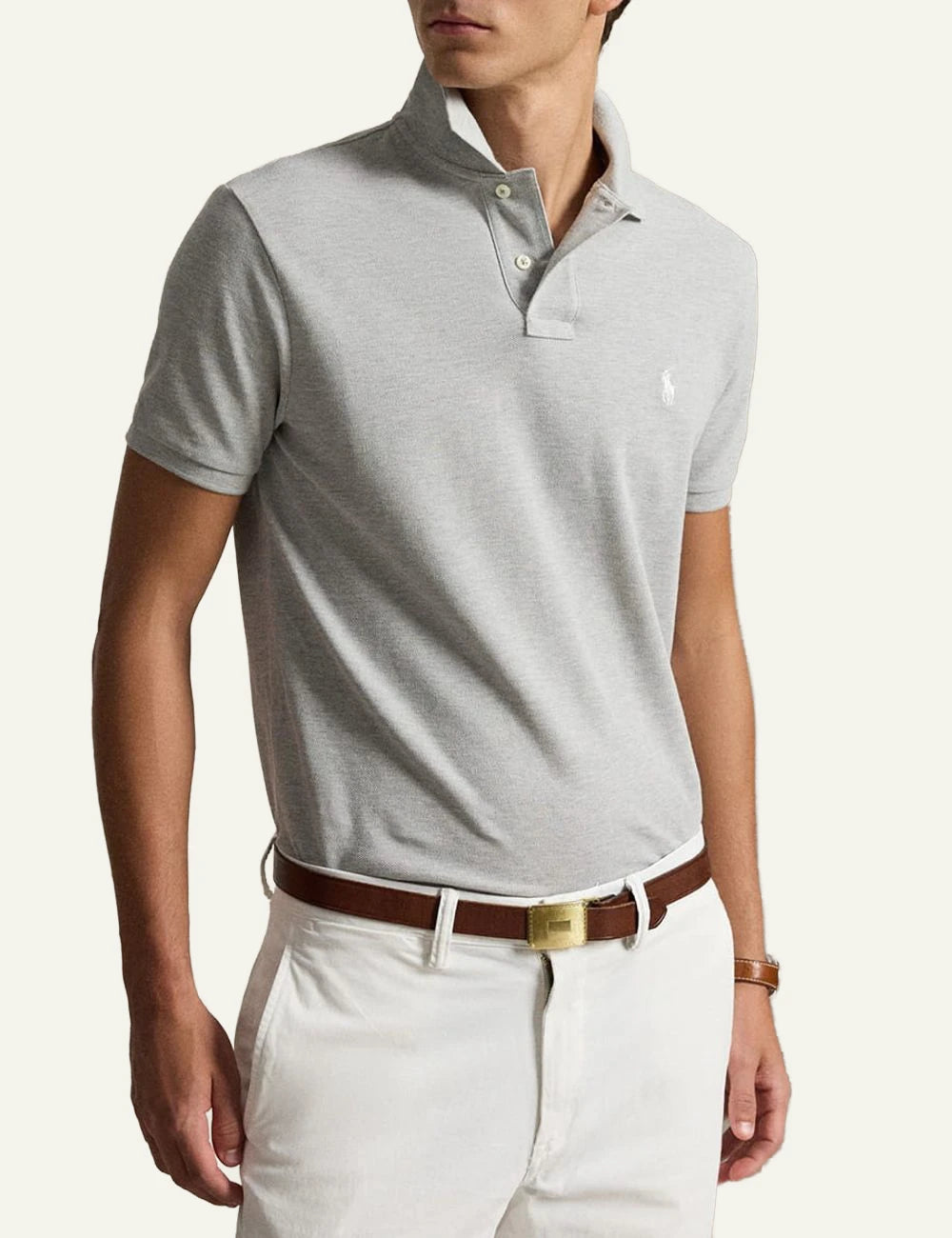 Polo Ralph Lauren grey melange slim fit pique polo me white pony front full body view