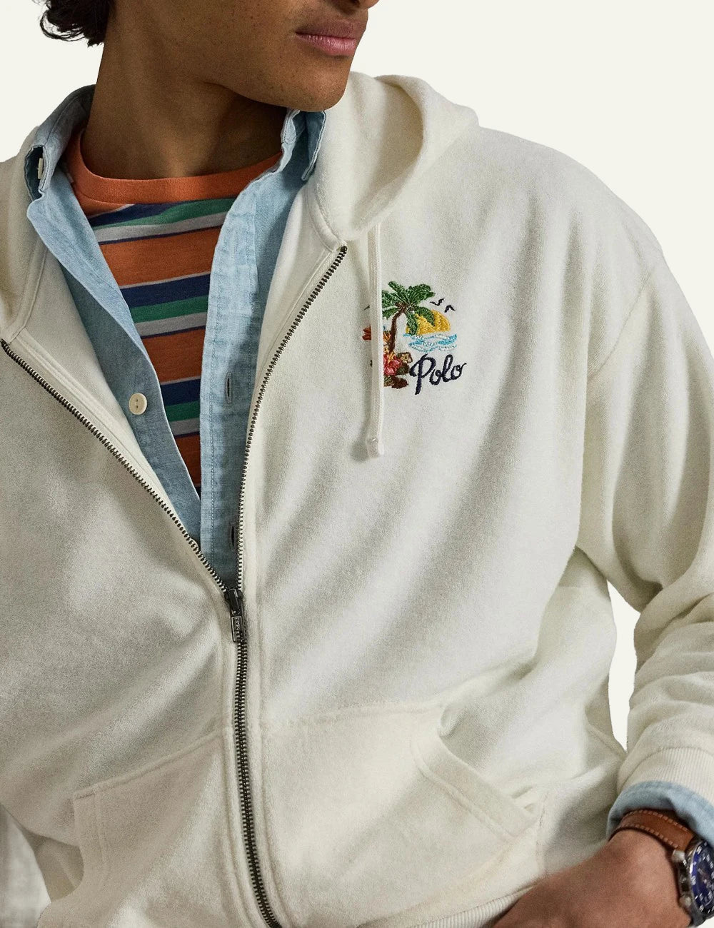 Polo Ralph Lauren hoodie cream tropical embroidery front detail view