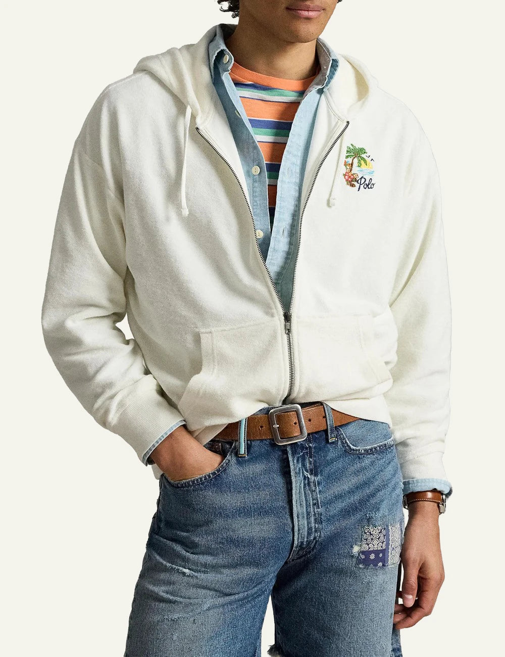 Polo Ralph Lauren hoodie cream tropical embroidery front model view