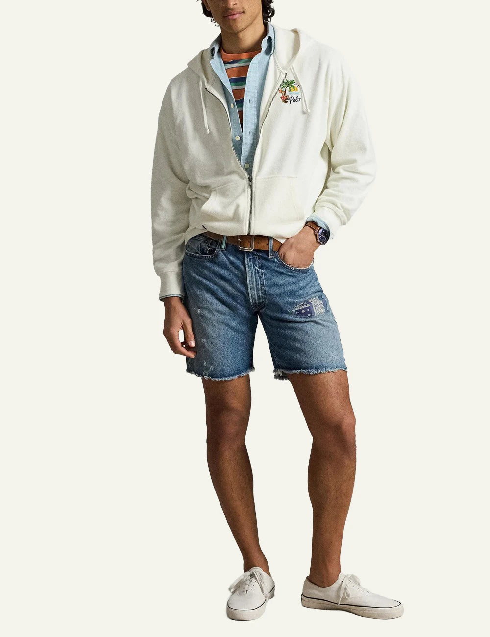Polo Ralph Lauren hoodie cream tropical embroidery front full body view