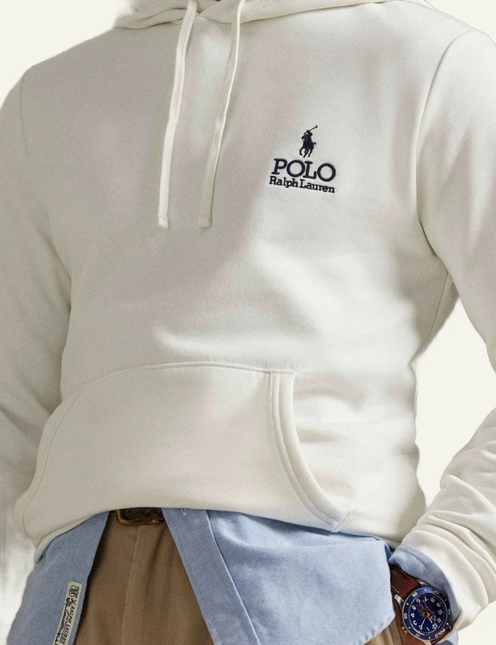 Polo Ralph Lauren hoodie white me logo kai pony embroidery chest front detail view