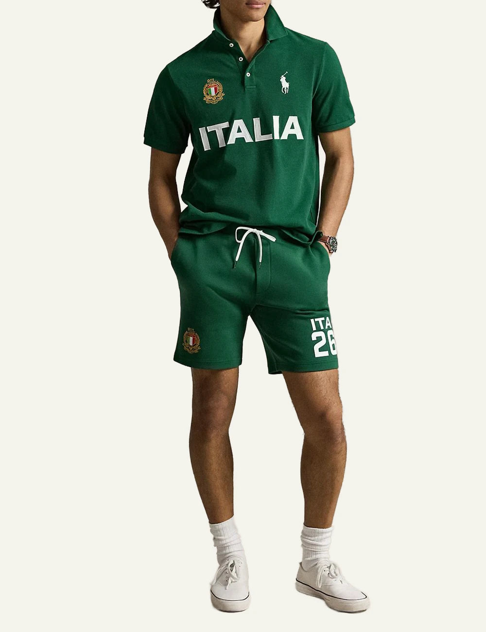 Polo Ralph Lauren green Italia polo shirt with crest and Big Pony front full body view