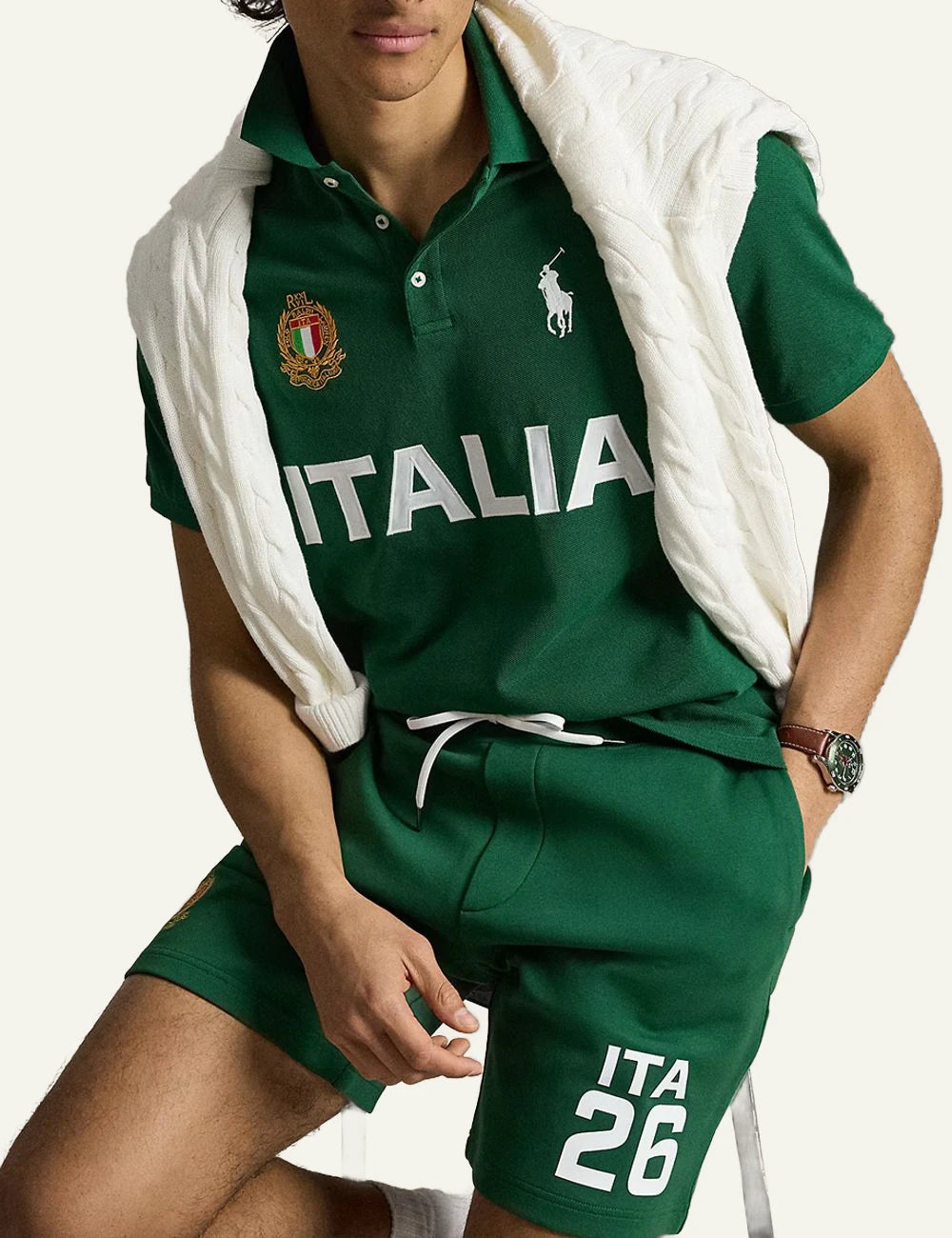 Polo Ralph Lauren green Italia polo shirt with crest and Big Pony front detail view