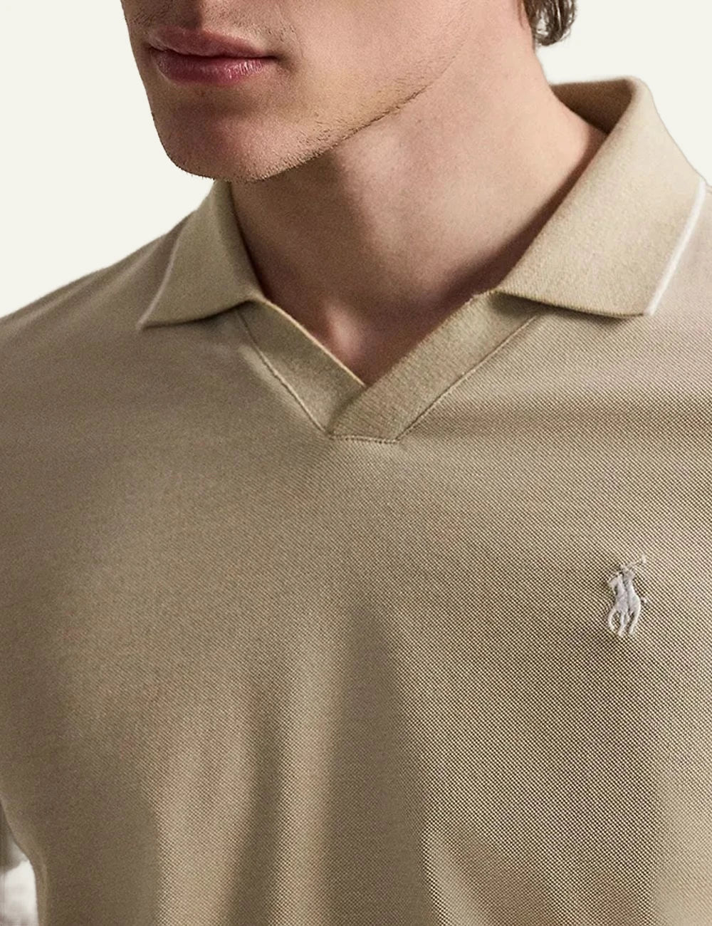 Polo Ralph Lauren johnny collar polo beige me white pony logo front detail view