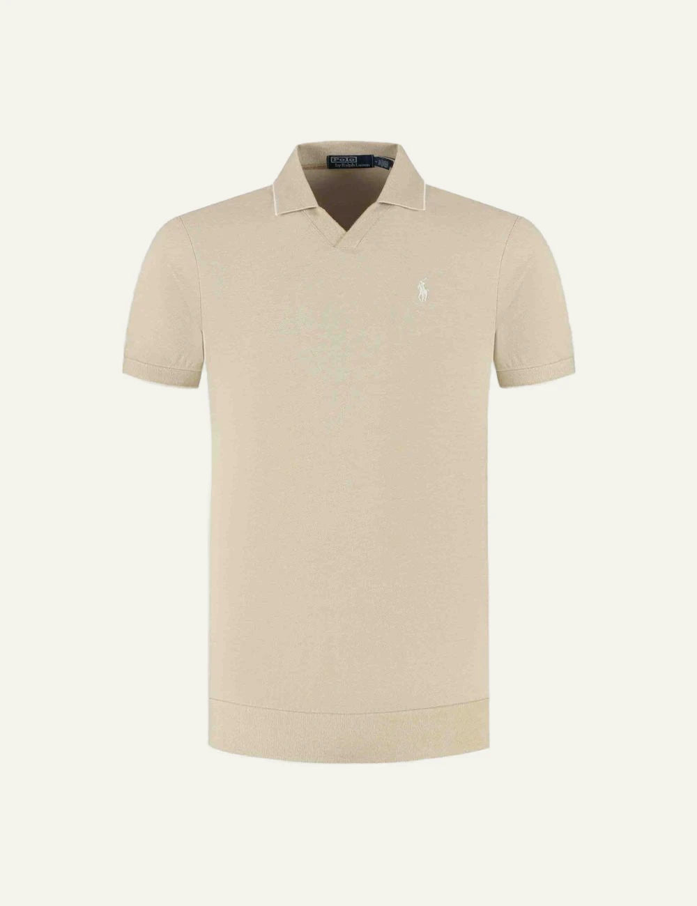 Polo Ralph Lauren johnny collar polo beige me white pony logo front flat view