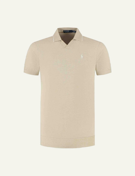 Polo Ralph Lauren johnny collar polo beige me white pony logo front flat view