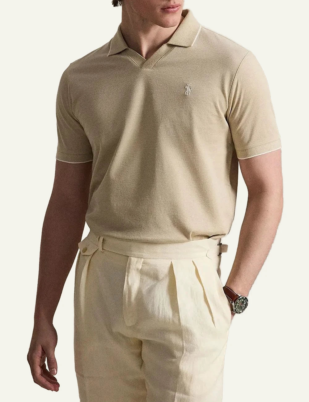 Polo Ralph Lauren johnny collar polo beige me white pony logo front detail view