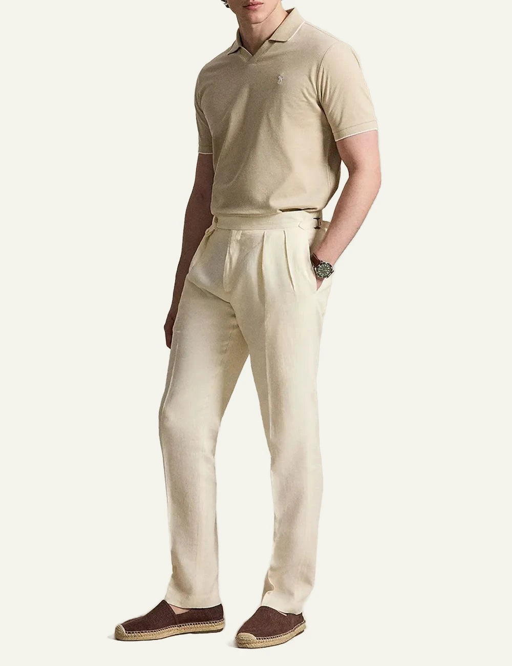 Polo Ralph Lauren johnny collar polo beige me white pony logo front full body view