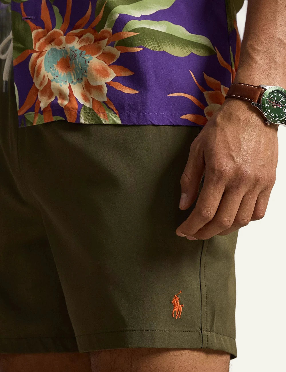 polo ralph lauren khaki swim shorts classic fit pony logo front detai view