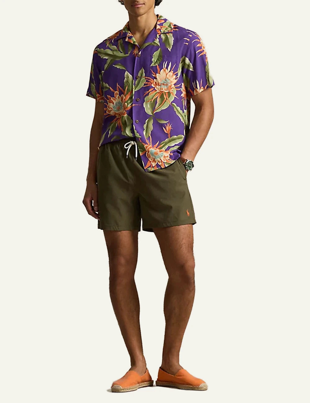 polo ralph lauren khaki swim shorts classic fit pony logo front full body view