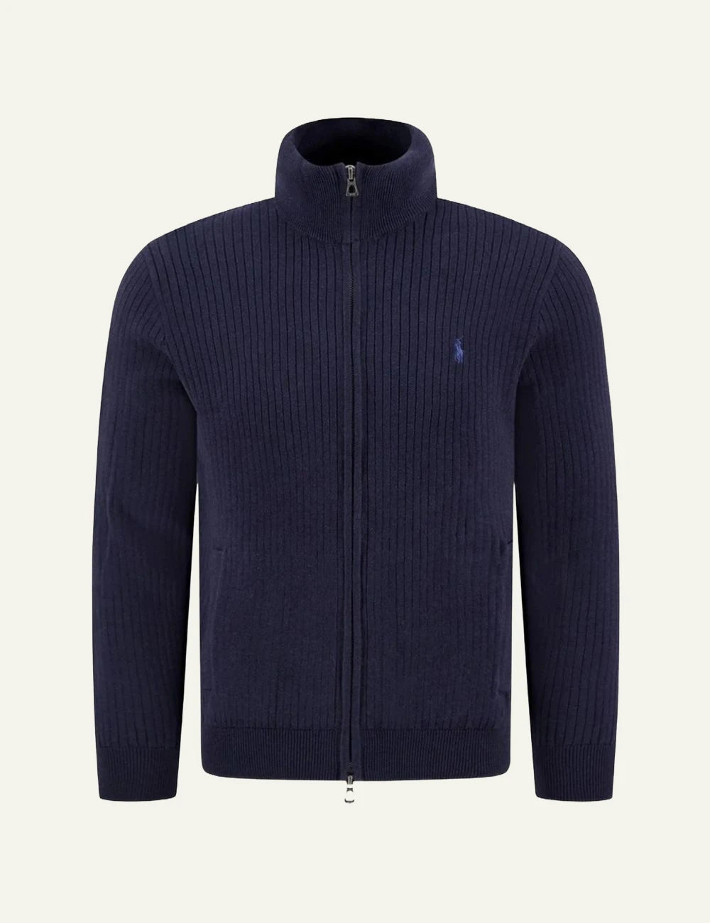 Polo Ralph Lauren knit cardigan navy rib me high neck front flat view
