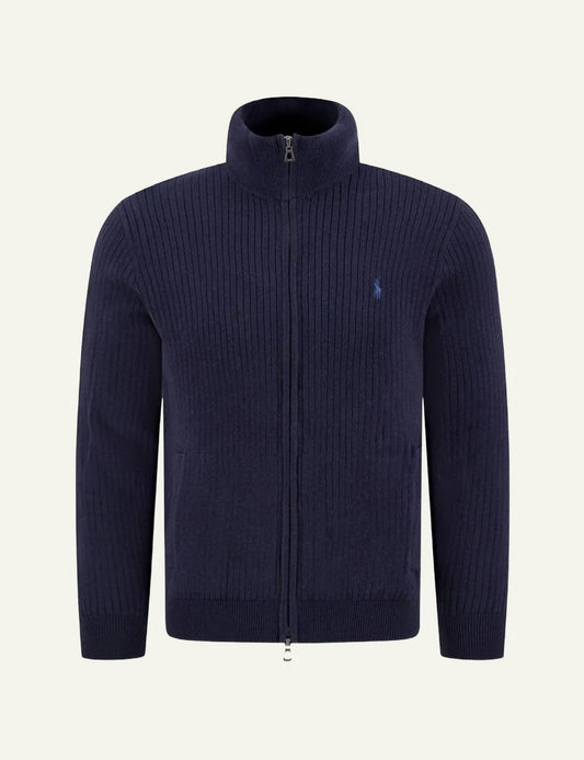 Polo Ralph Lauren knit cardigan navy rib me high neck front flat view
