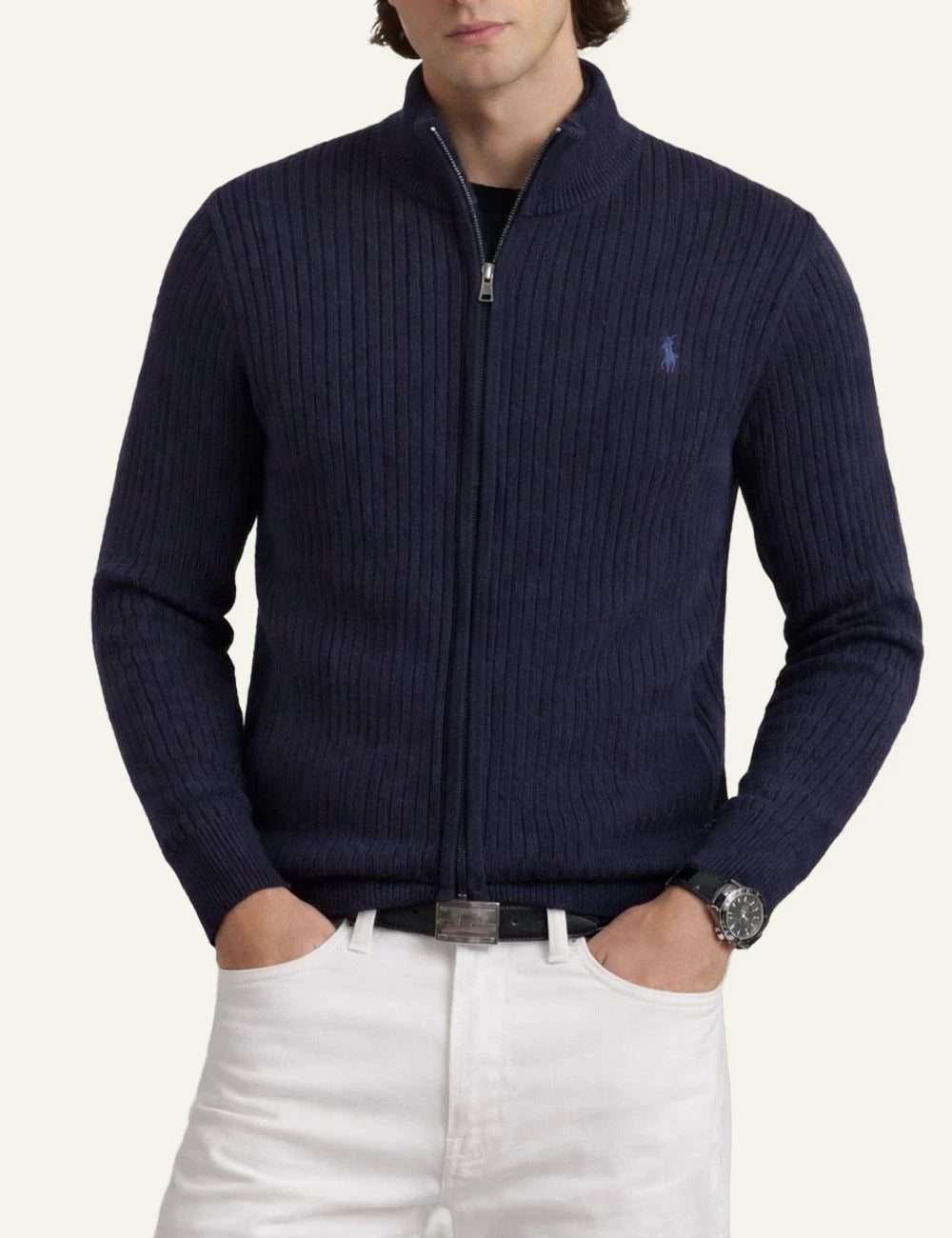 Polo Ralph Lauren knit cardigan navy rib me high neck front model view