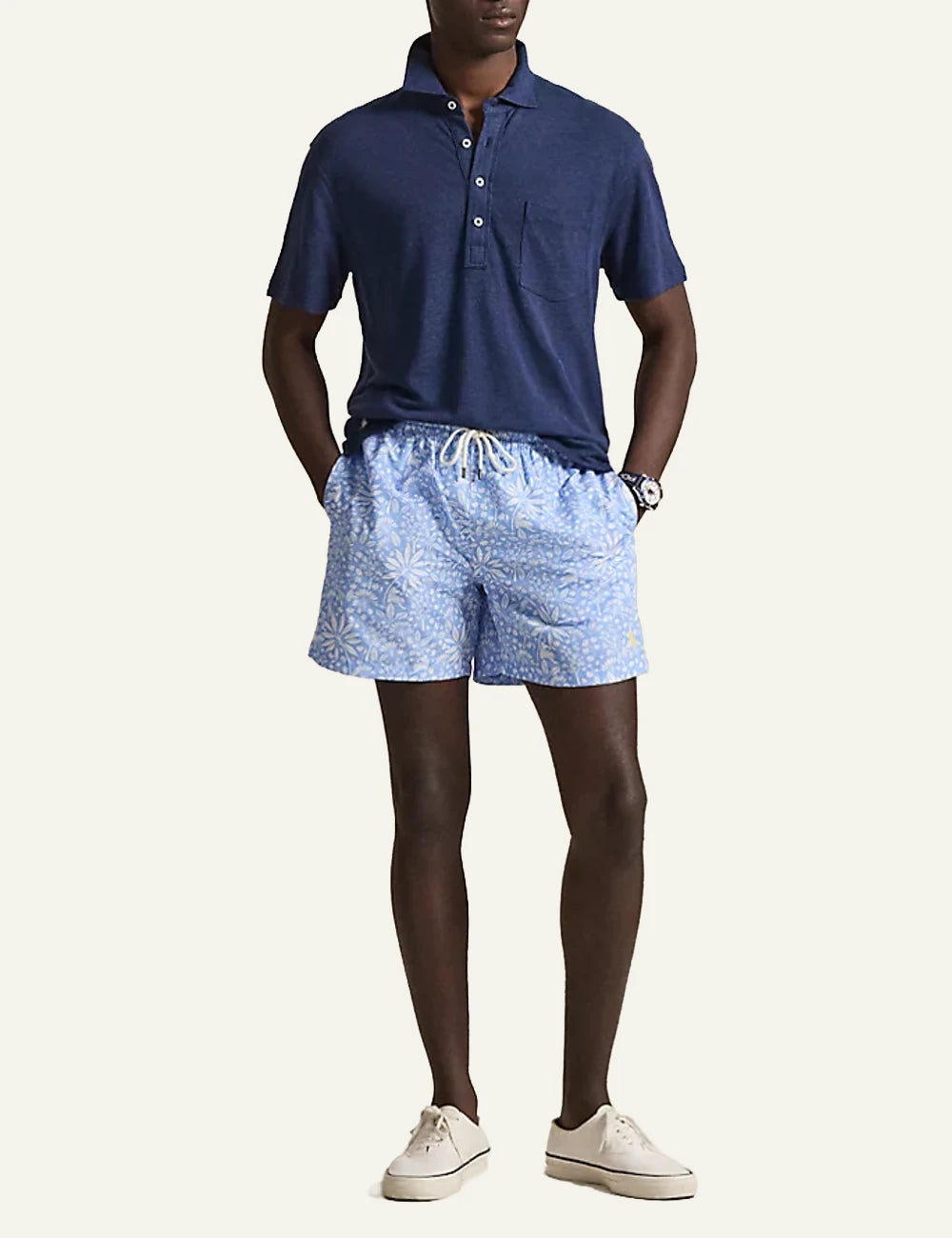 polo ralph lauren light blue swim shorts floral tropical print classic fit front full body view