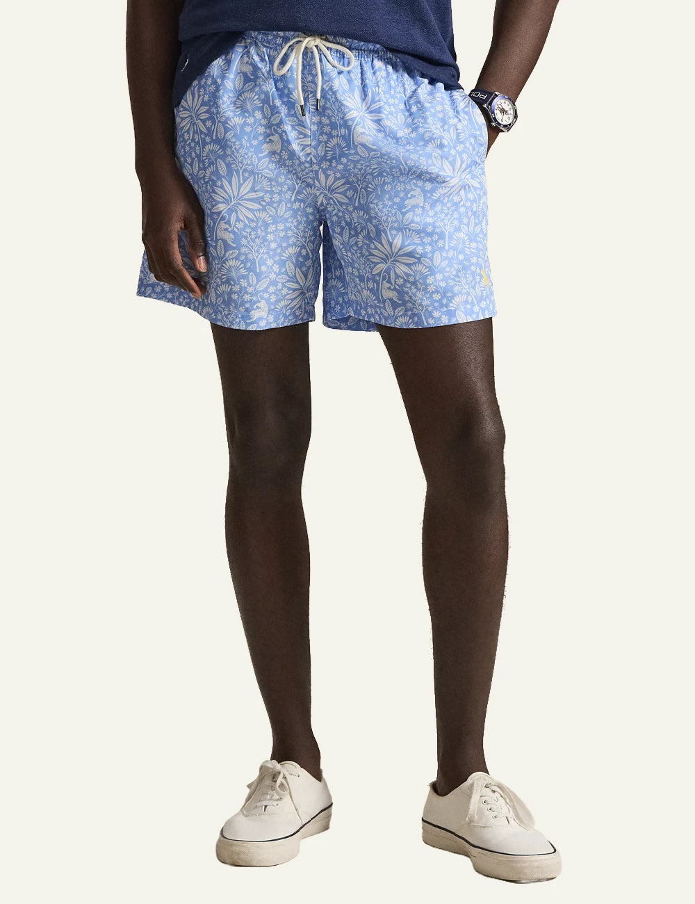 polo ralph lauren light blue swim shorts floral tropical print classic fit front model view