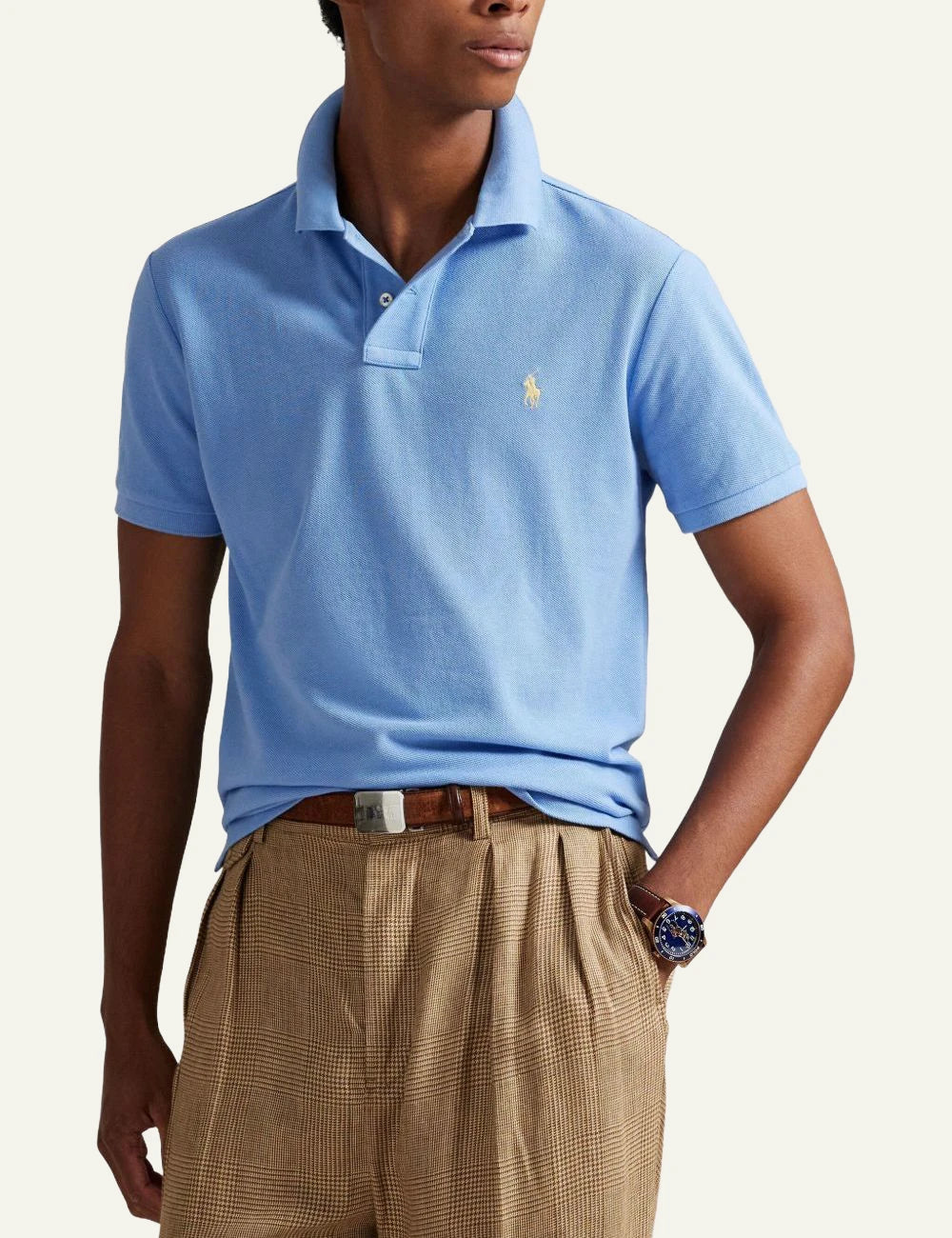 Polo Ralph Lauren light blue polo shirt with small embroidered Big Pony front model view