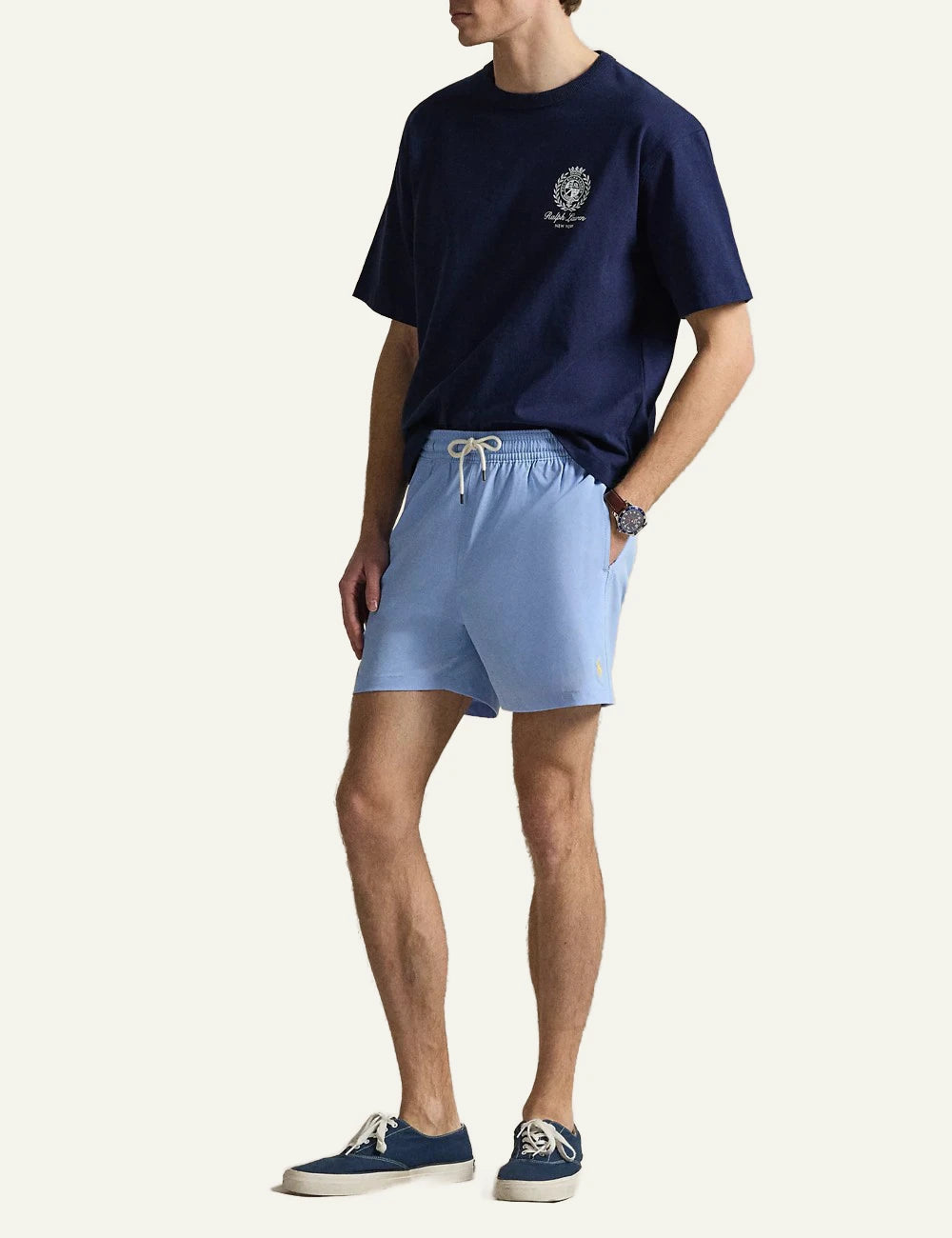 polo ralph lauren light blue swim shorts classic fit pony logo front full body view