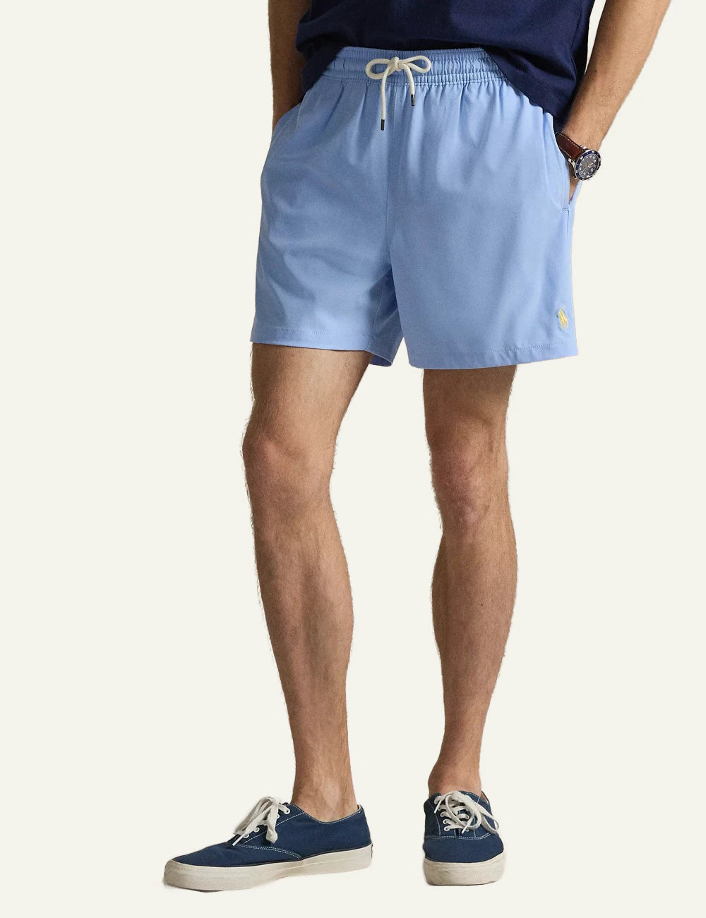 polo ralph lauren light blue swim shorts classic fit pony logo front model view