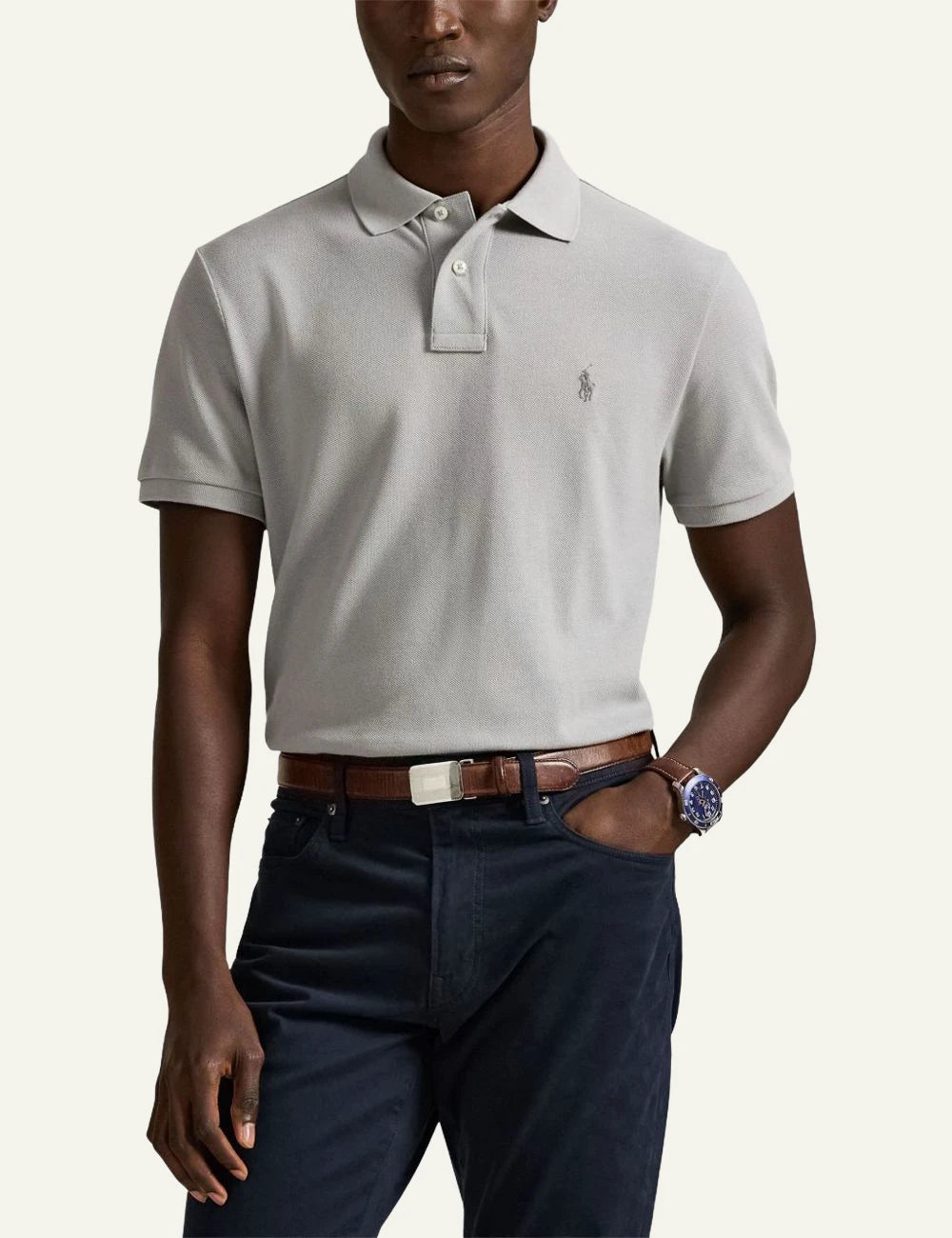 Polo Ralph Lauren light grey polo shirt with small embroidered Big Pony front model view